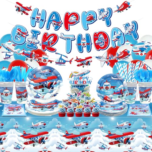 LSJDEER Airplane Birthday Party Decorations Airplane Party Supplies Plates Cups Napkins Tablecloth Happy Birthday Banner Balloon Cake Toppers for Plane Theme Party Baby Shower Supplies - Image 1