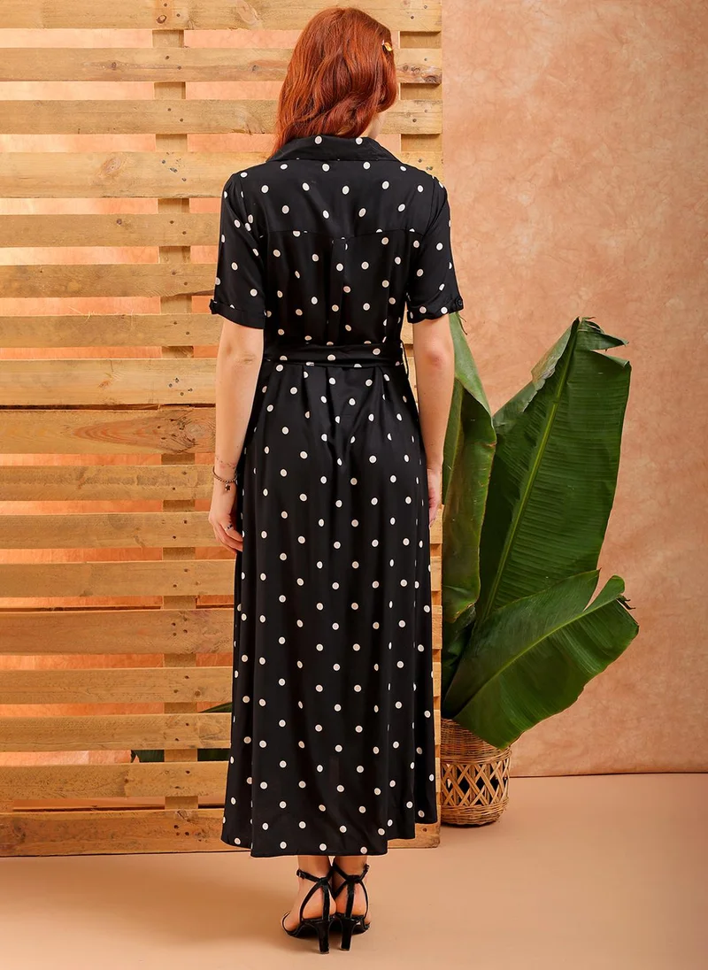 مرفوعة Women A-Line Casual Polka Dot Long Dress