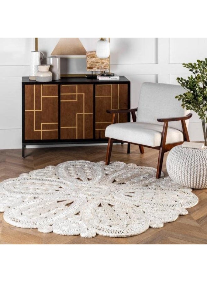 HANDPICKED FURNITURE Jute Wool And Cotton White Round Carpet Ultra Soft Area Carpets For Bed Room Living Room And Dining Room Anti-Slip Floor Carpets Easy To Clean Made In Turkey 90X90Cm - Image 1