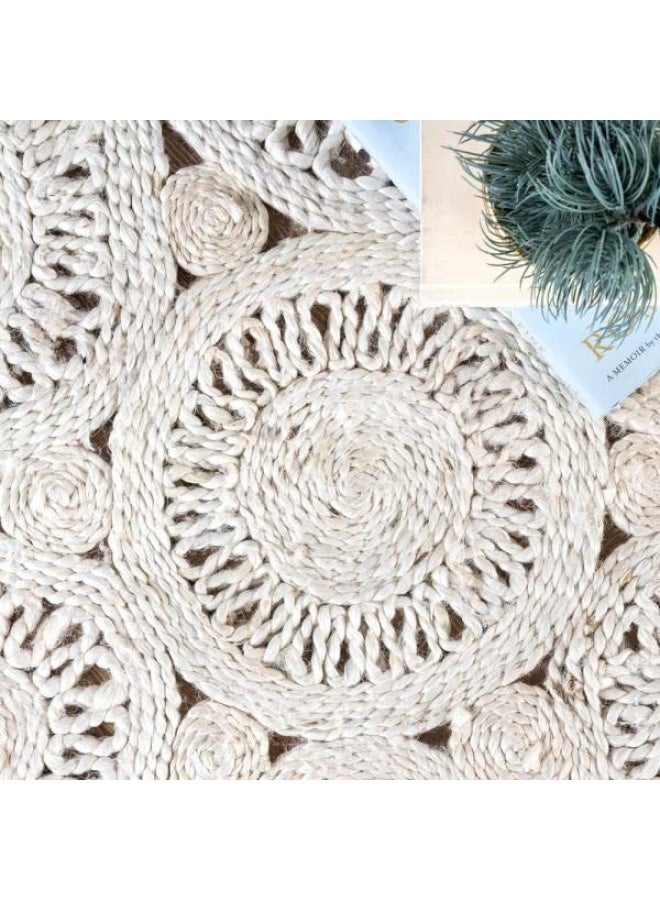 HANDPICKED FURNITURE Jute Wool And Cotton White Round Carpet Ultra Soft Area Carpets For Bed Room Living Room And Dining Room Anti-Slip Floor Carpets Easy To Clean Made In Turkey 90X90Cm - Image 3