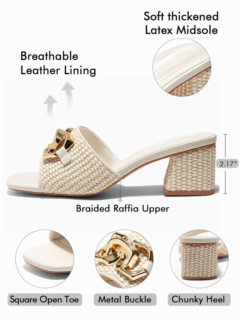 Coutgo Womens Raffia Slide Sandals Chunky Block Heeled Square Open Toe Metal Chain Slip on Mules Dressy Shoes, Beige, Size 9 - Image 4