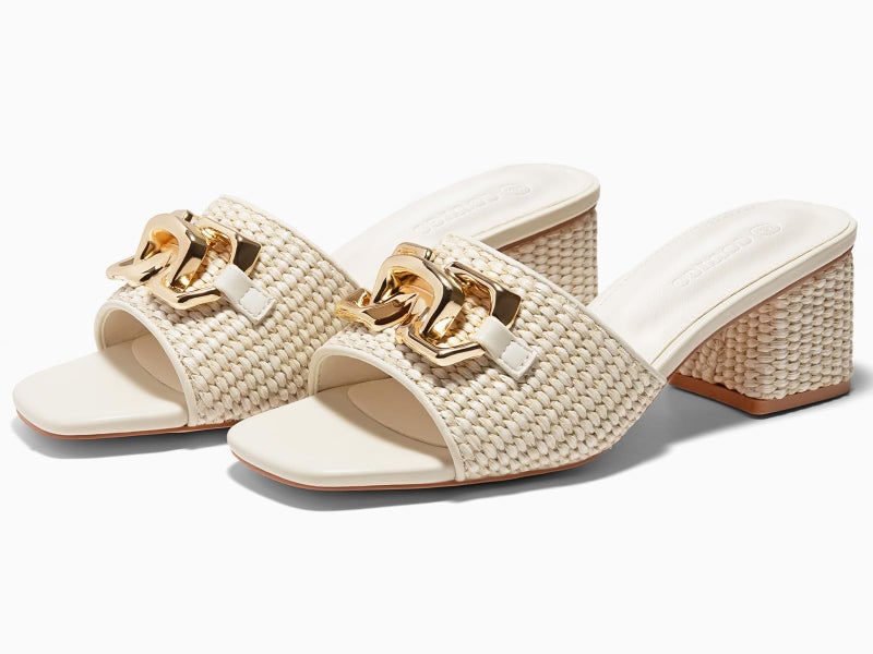Coutgo Womens Raffia Slide Sandals Chunky Block Heeled Square Open Toe Metal Chain Slip on Mules Dressy Shoes, Beige, Size 9 - Image 5