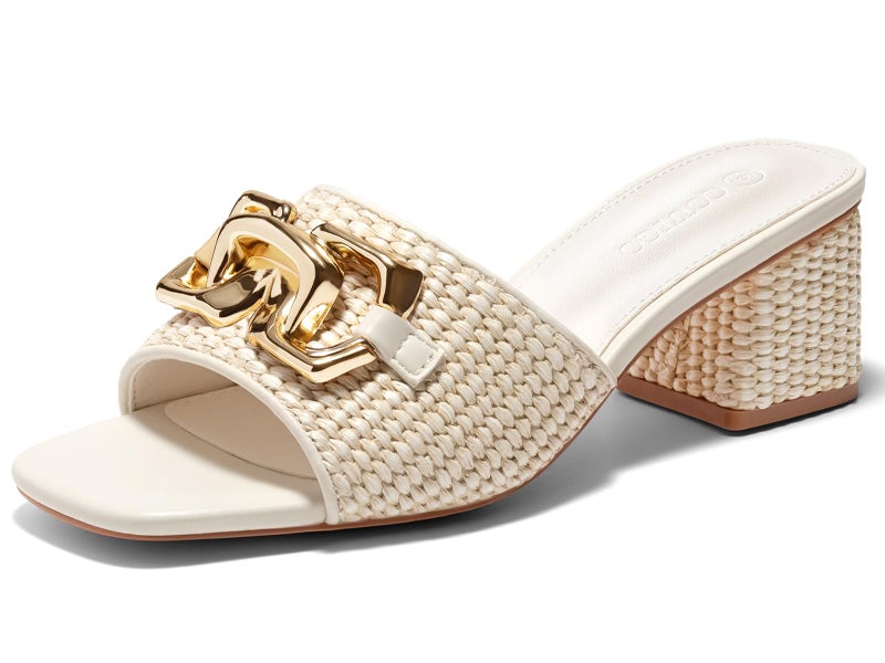 Coutgo Womens Raffia Slide Sandals Chunky Block Heeled Square Open Toe Metal Chain Slip on Mules Dressy Shoes, Beige, Size 9 - Image 1
