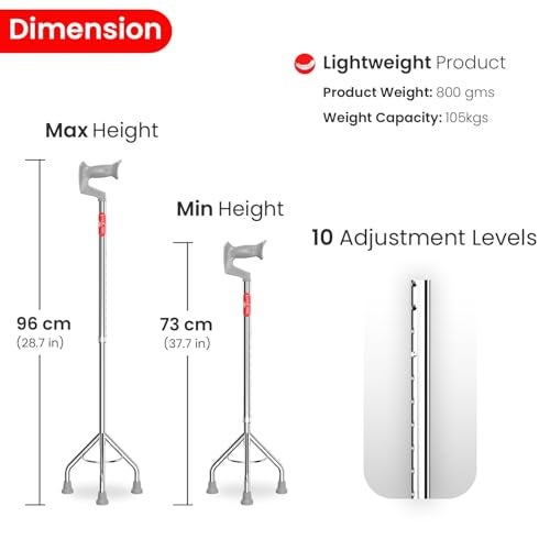 EASYCARE® Premium Walking Stick | Lightweight Aluminium with 10 Height Levels Adjustable | Ergonomic Handle, Anti-Slip Base | Support for Old Age Seniors, Men, Women & Patients (High Rise 3 Legs) - Image 3