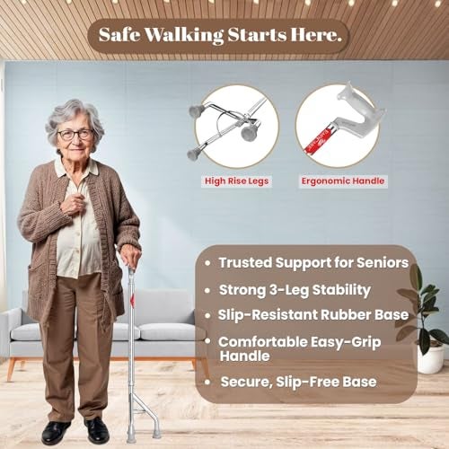 EASYCARE® Premium Walking Stick | Lightweight Aluminium with 10 Height Levels Adjustable | Ergonomic Handle, Anti-Slip Base | Support for Old Age Seniors, Men, Women & Patients (High Rise 3 Legs) - Image 4