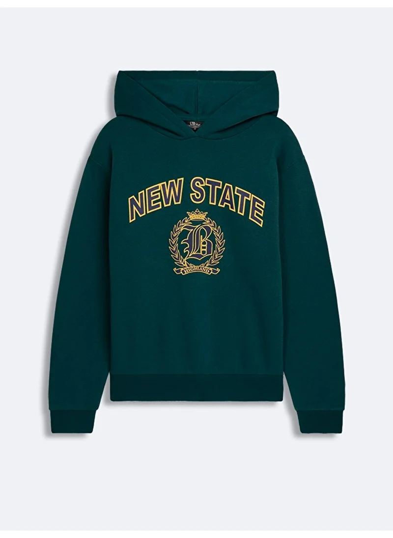 LTB Printed Hooded Zipperless Regular Fit Green SweatShirt