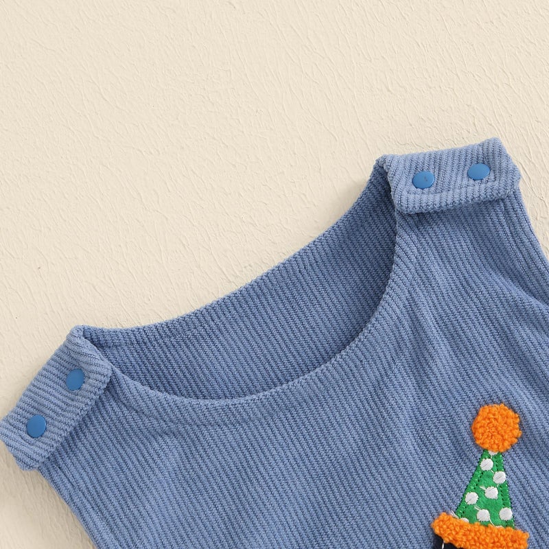Lamuusaa Toddler Baby Boy Birthday Outfit Sleeveless One Embroidery Birthday Romper Corduroy Jumspuit Cake Smash Outfits (Blue, 6-12 Months) - Image 2