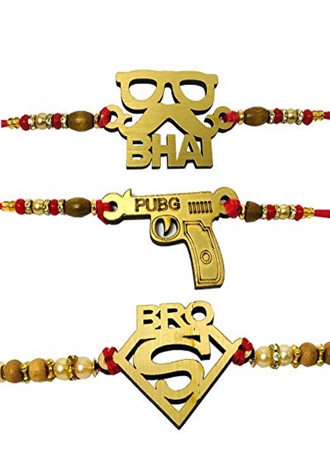 Evisha 3 Pcs Golden Bhai Swag Super Bro Mustache PUB G Rakhi Set Combo For Brother Bhaiya Bhai | | rakhi || rakhi set || rakhi for brother || rakhi for brother and bhabhi || rakhi combo || bhaiya bhabhi rakhi || rakhi gifts - Image 1