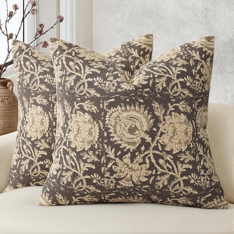 DKwizme Vintage Floral Print Throw Pillow Covers 18x18 Set of 2 Neutral Modern Farmhouse Pillow Cases Accent Decorative Cushion Covers Boho Home Decor for Couch Sofa Chair Bed Living Room, Rustic Gray - Image 1