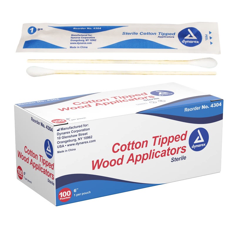 Dynarex 6-Inch Sterile Cotton Tipped Applicators - Single-Use Wooden Cotton Tip Applicators for Wound Care & Dressing, Hygiene, Makeup, Cleaning - 1 Box of 100 Pouches, 1 per Pouch - Image 1
