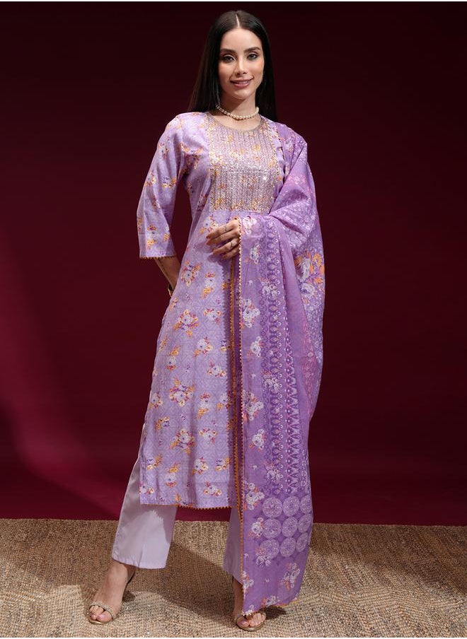 Vishudh - Women Purple Embroidered Floral Kurta Set by Styli - Image 1