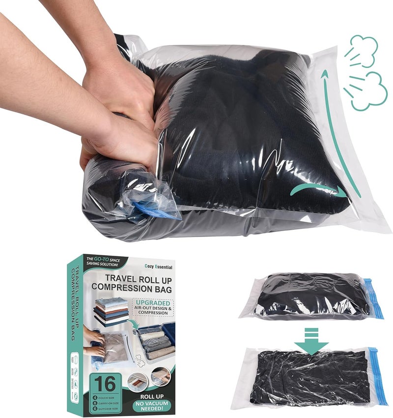 Cozy Essential Compression Bags for Travel - Travel Essentials - 16 Pack Space Saver Bags - No Vacuum Needed - Compression Packing Bags for Cruise Accessories - Image 1