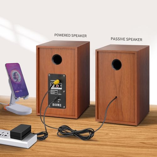 Elimavi Powered Bluetooth 5.3 Bookshelf Speakers - 60W Record Player Speakers with 4" Carbon Fiber Woofer & USB-C/RCA Input, Wooden Monitor Speakers for Turntables, PC, TV, Gaming, Brown - Image 2