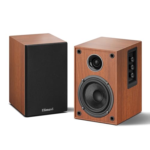 Elimavi Powered Bluetooth 5.3 Bookshelf Speakers - 60W Record Player Speakers with 4" Carbon Fiber Woofer & USB-C/RCA Input, Wooden Monitor Speakers for Turntables, PC, TV, Gaming, Brown - Image 1