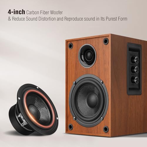 Elimavi Powered Bluetooth 5.3 Bookshelf Speakers - 60W Record Player Speakers with 4" Carbon Fiber Woofer & USB-C/RCA Input, Wooden Monitor Speakers for Turntables, PC, TV, Gaming, Brown - Image 3