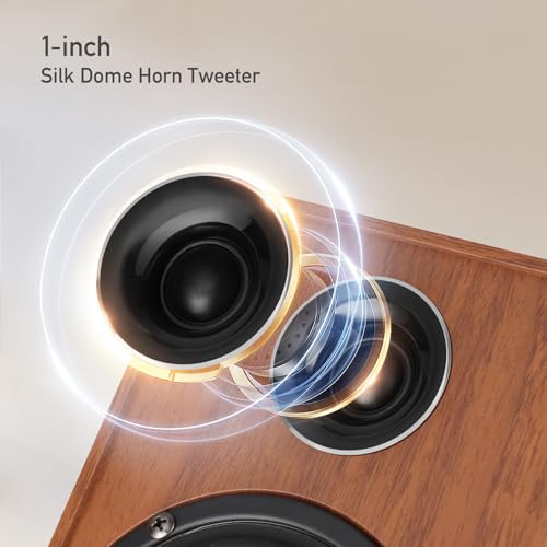Elimavi Powered Bluetooth 5.3 Bookshelf Speakers - 60W Record Player Speakers with 4" Carbon Fiber Woofer & USB-C/RCA Input, Wooden Monitor Speakers for Turntables, PC, TV, Gaming, Brown - Image 4