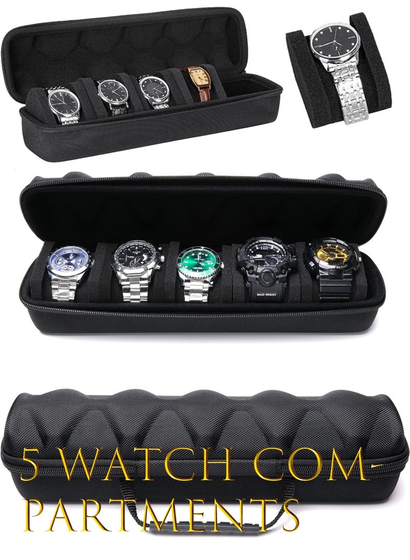 قضية السفر الساعة الصلبة ، 5 فتحة Watch Roll Case التخزين والمنظم للرجال والنساء ، مع وسادة الساعة المضادة للحركة - Image 1