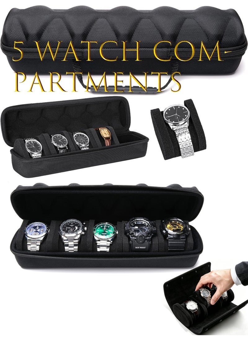 Hard Watch Travel Case, 5 slot Watch Roll Case Storage and Organizer for Men and Women, with anti-move watch pillow - Image 1