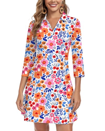 WOWENY 3/4 Sleeve Dress for Women with Pockets V Neck UPF 50+ Casual Sun Dress Breathable Quick Dry Beach Vacation (Floral, L) - Image 1