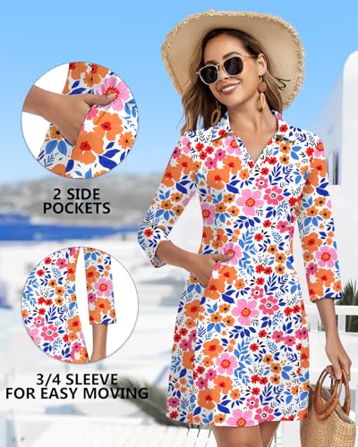 WOWENY 3/4 Sleeve Dress for Women with Pockets V Neck UPF 50+ Casual Sun Dress Breathable Quick Dry Beach Vacation (Floral, L) - Image 4