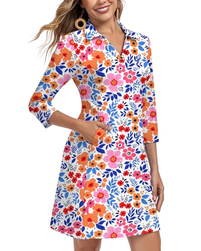 WOWENY 3/4 Sleeve Dress for Women with Pockets V Neck UPF 50+ Casual Sun Dress Breathable Quick Dry Beach Vacation (Floral, L) - Image 2