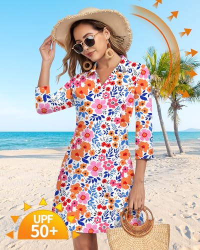 WOWENY 3/4 Sleeve Dress for Women with Pockets V Neck UPF 50+ Casual Sun Dress Breathable Quick Dry Beach Vacation (Floral, L) - Image 3