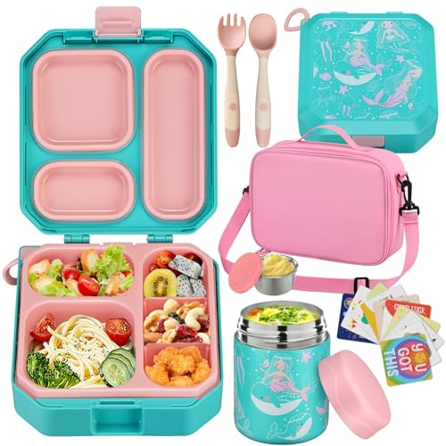 wiwens Bento Lunch Box for Kids with 12oz Soup Thermo LeakProof Lunch Food Container with 5 Compartment Thermo Hot Food Jar and Insulated Lunch Bag for Kid Toddler Girls Boys to School - Image 1