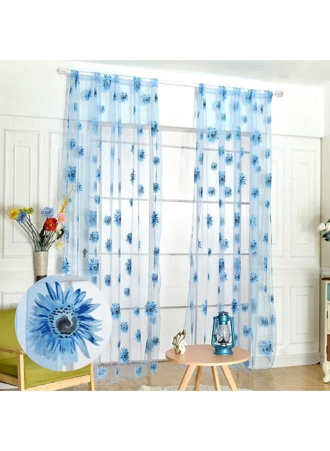 Blue Sunflower Window Curtain, 2PCS Sun Flower Floral Voile Sheer Curtain Panels Tulle for Living Room, Bedroom, Balcony - Rod Pocket Top  - Image 1