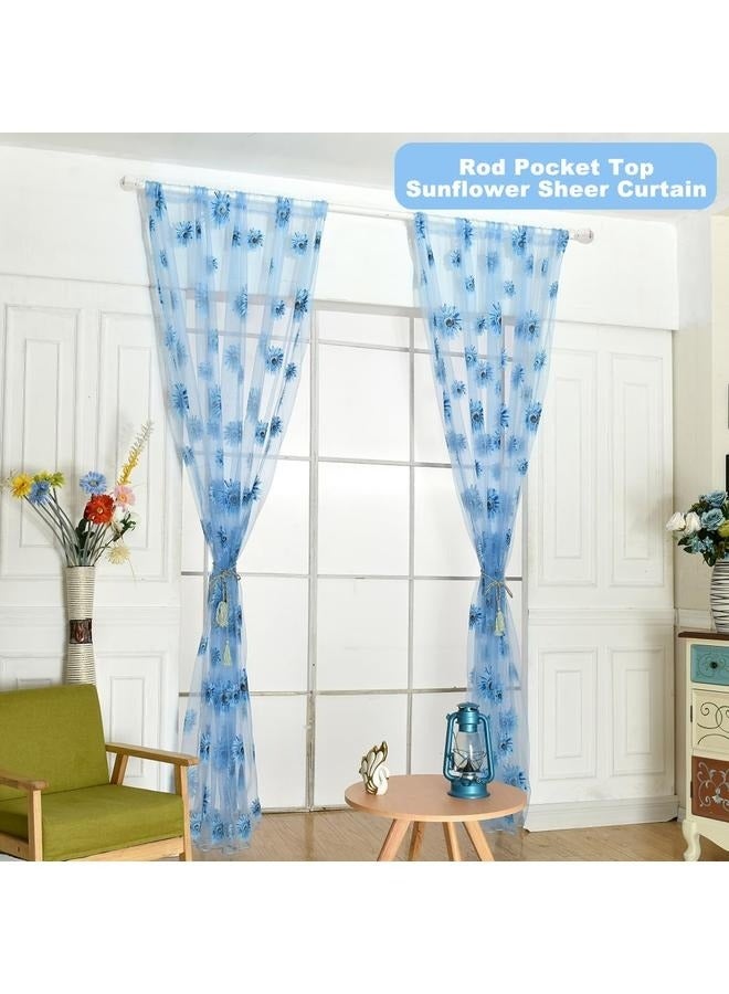 Blue Sunflower Window Curtain, 2PCS Sun Flower Floral Voile Sheer Curtain Panels Tulle for Living Room, Bedroom, Balcony - Rod Pocket Top  - Image 2