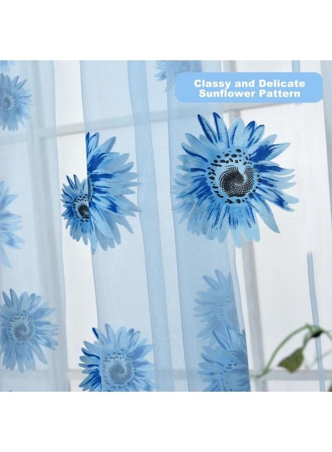Blue Sunflower Window Curtain, 2PCS Sun Flower Floral Voile Sheer Curtain Panels Tulle for Living Room, Bedroom, Balcony - Rod Pocket Top  - Image 3