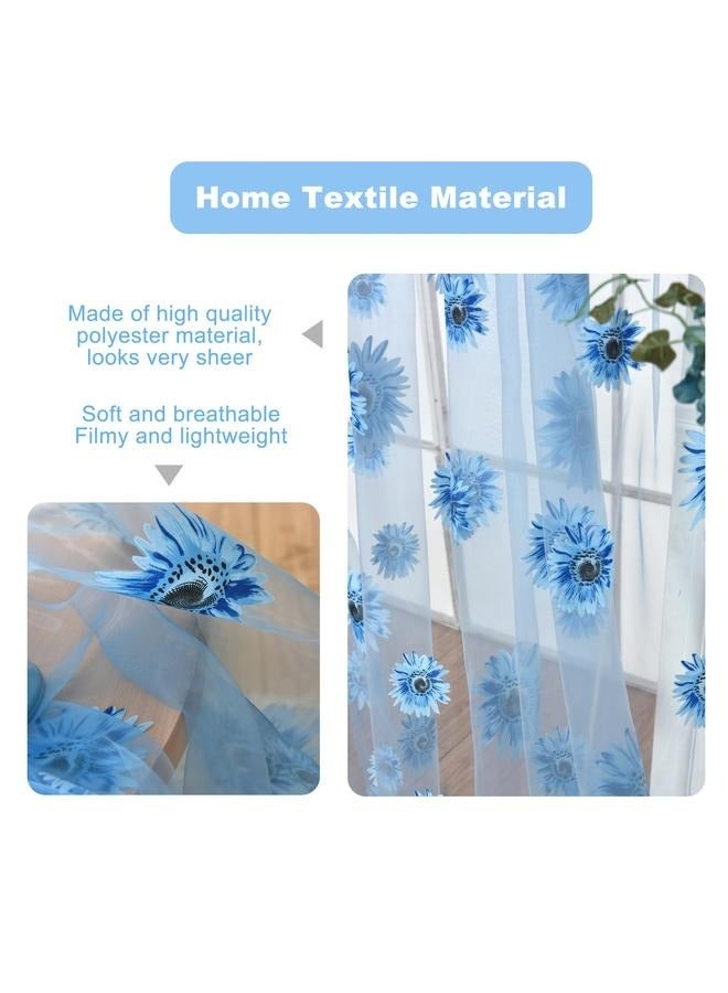 Blue Sunflower Window Curtain, 2PCS Sun Flower Floral Voile Sheer Curtain Panels Tulle for Living Room, Bedroom, Balcony - Rod Pocket Top  - Image 4