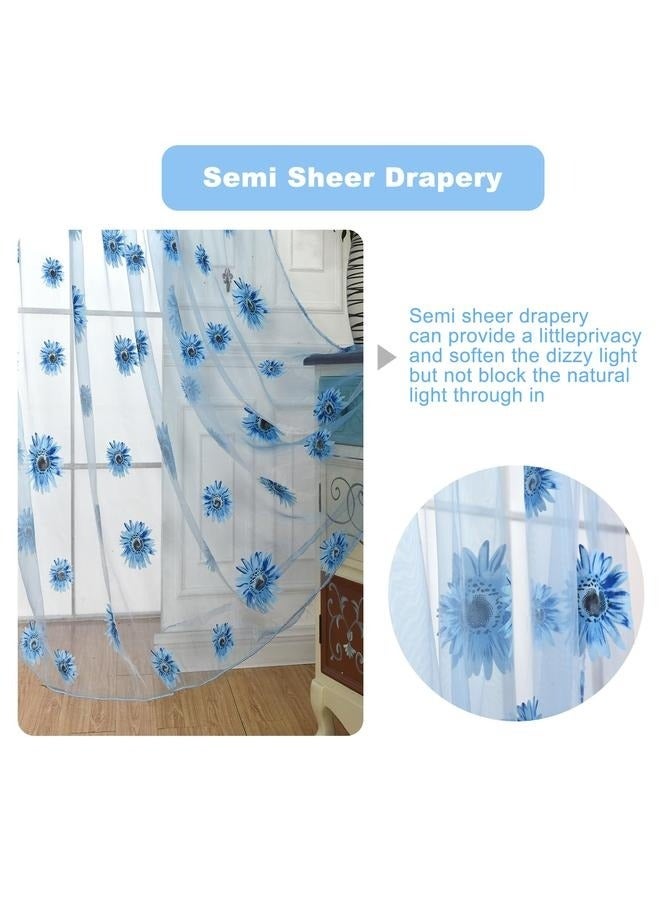 Blue Sunflower Window Curtain, 2PCS Sun Flower Floral Voile Sheer Curtain Panels Tulle for Living Room, Bedroom, Balcony - Rod Pocket Top  - Image 5