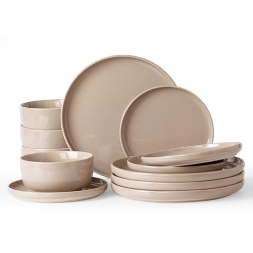 Famiware Milkyway Plates and Bowls Set 12 Pieces Dinnerware Sets Dishes Set for 4 Cinnamon Brown