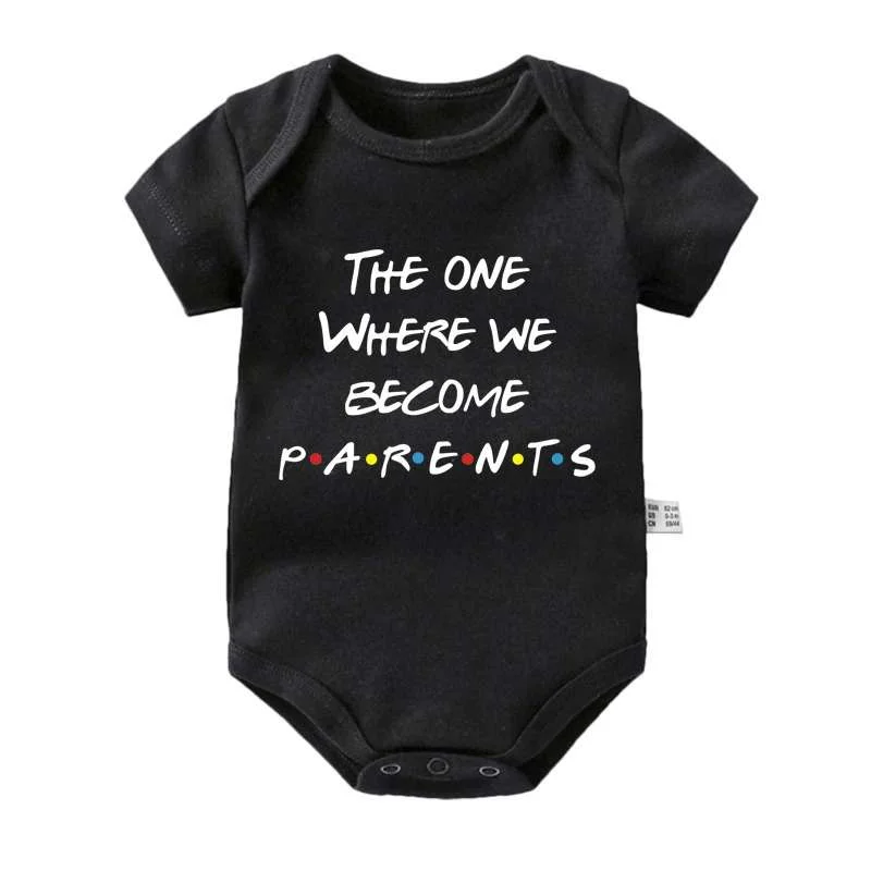 Matching Family Outfits “The One Where We Become Parents Baby Bodysuit – Friends Theme Printed Infant Romper, Soft Cotton Short Sleeve Newborn Jumpsuit, Cute Funny Baby Outfit for Boys & Girls (Black)”