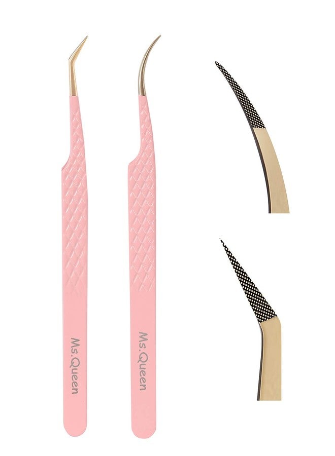 Ms.Queen Volume Lash Tweezers Set,2Pcs Fiber Tip 45 Degree Volume and Curved Isolation Eyelash Extension Tweezers - Image 1