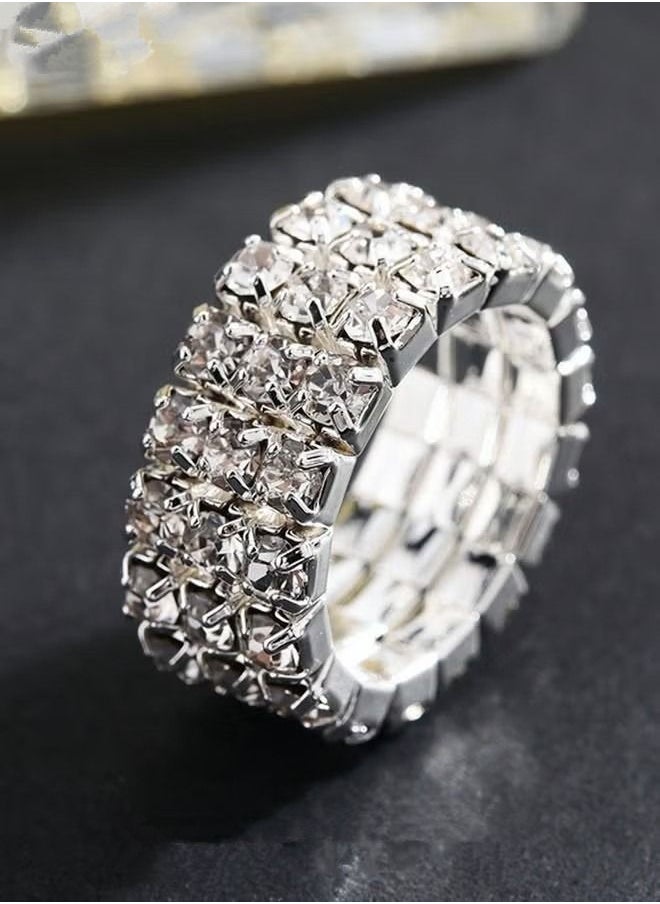 NIBEMINENT - 4 Pcs Rhinestone Choker Bracelet Ring Earrings Studs Set Three Row Round Diamond Collar Necklace Bridal Evening Dress Accessories for Women Silver/Clear - Image 1