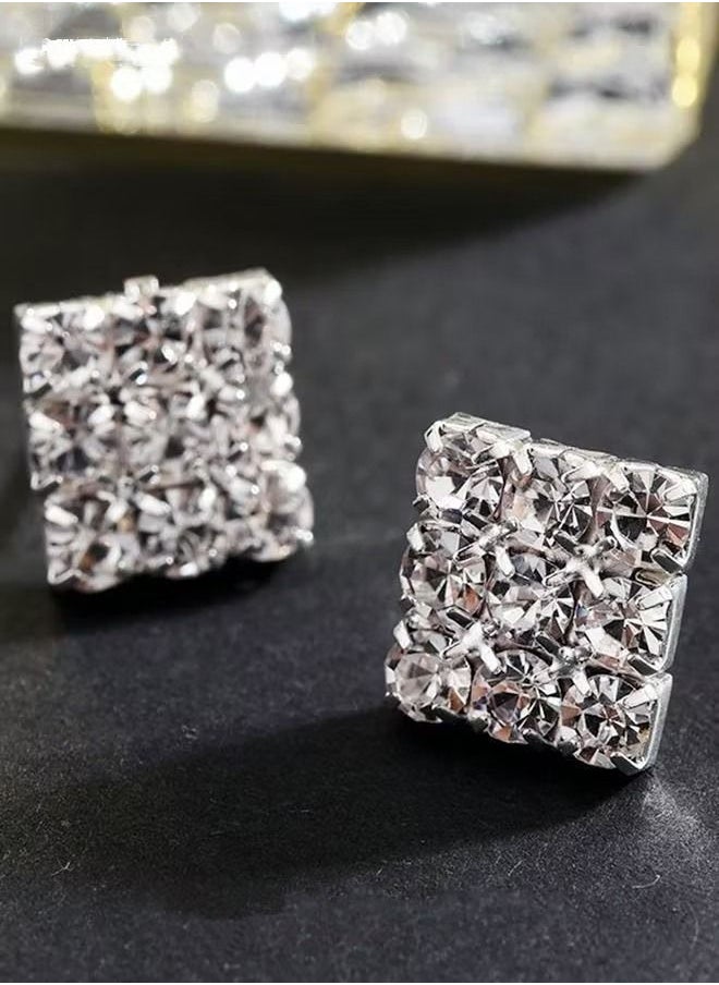 NIBEMINENT - 4 Pcs Rhinestone Choker Bracelet Ring Earrings Studs Set Three Row Round Diamond Collar Necklace Bridal Evening Dress Accessories for Women Silver/Clear - Image 1