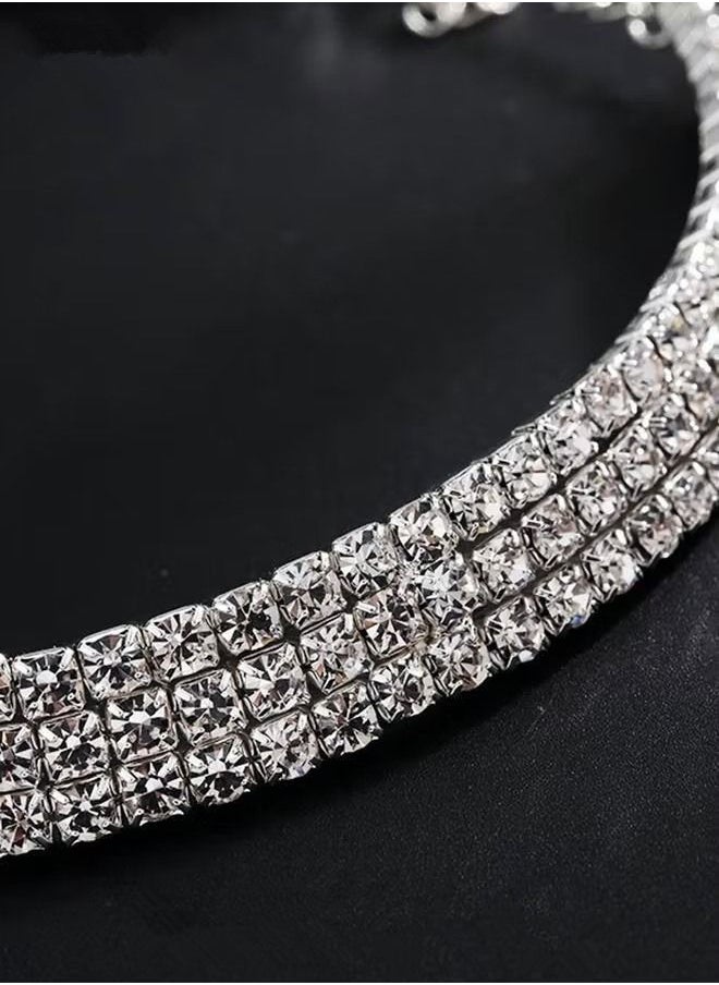 NIBEMINENT - 4 Pcs Rhinestone Choker Bracelet Ring Earrings Studs Set Three Row Round Diamond Collar Necklace Bridal Evening Dress Accessories for Women Silver/Clear - Image 1