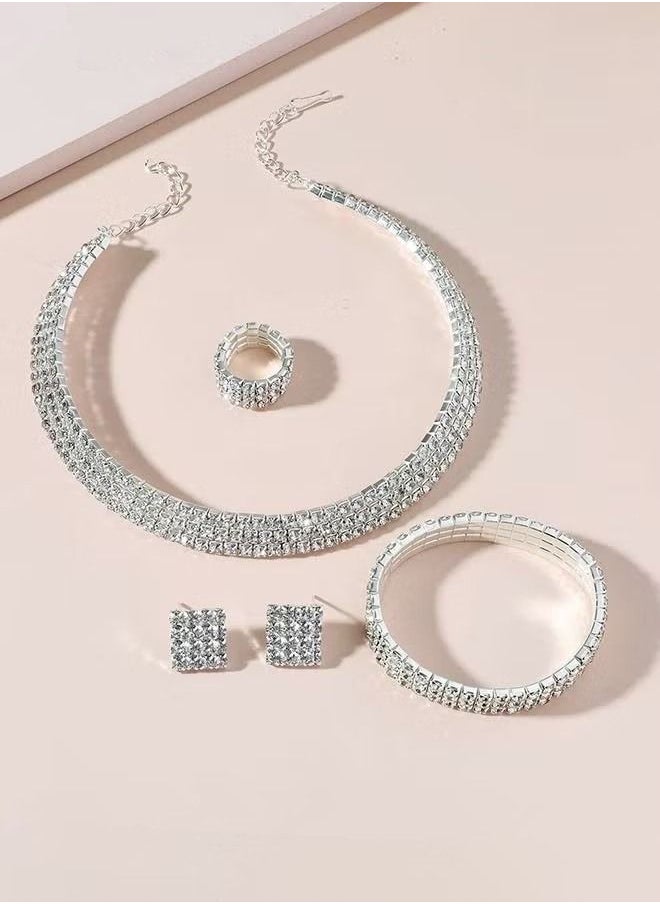 NIBEMINENT - 4 Pcs Rhinestone Choker Bracelet Ring Earrings Studs Set Three Row Round Diamond Collar Necklace Bridal Evening Dress Accessories for Women Silver/Clear - Image 1