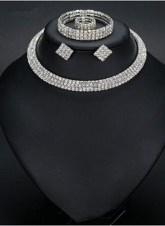 NIBEMINENT - 4 Pcs Rhinestone Choker Bracelet Ring Earrings Studs Set Three Row Round Diamond Collar Necklace Bridal Evening Dress Accessories for Women Silver/Clear - Image 1