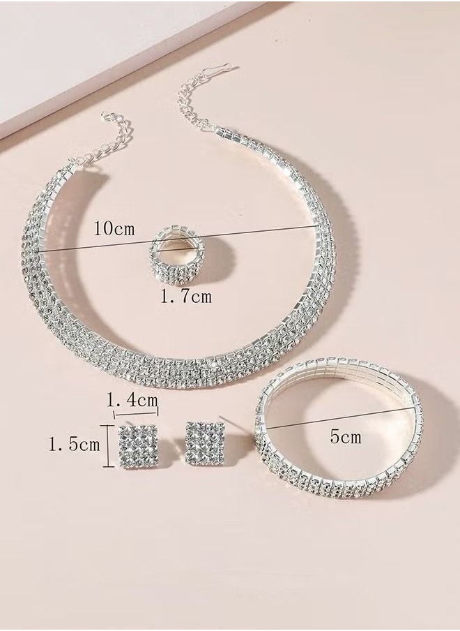 NIBEMINENT - 4 Pcs Rhinestone Choker Bracelet Ring Earrings Studs Set Three Row Round Diamond Collar Necklace Bridal Evening Dress Accessories for Women Silver/Clear - Image 1