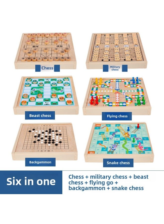 Ten-in-one Multi-functional Game Chess Checkers Flying Chess Backgammon Beasts Chess Children's Educational Wooden Toys For Students-Specifications:Chess Box Six In One (like + Army + Bucket + Fly + Five + Snake)  - Image 1