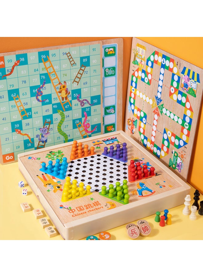 Ten-in-one Multi-functional Game Chess Checkers Flying Chess Backgammon Beasts Chess Children's Educational Wooden Toys For Students-Specifications:Chess Box Six In One (like + Army + Bucket + Fly + Five + Snake)  - Image 2