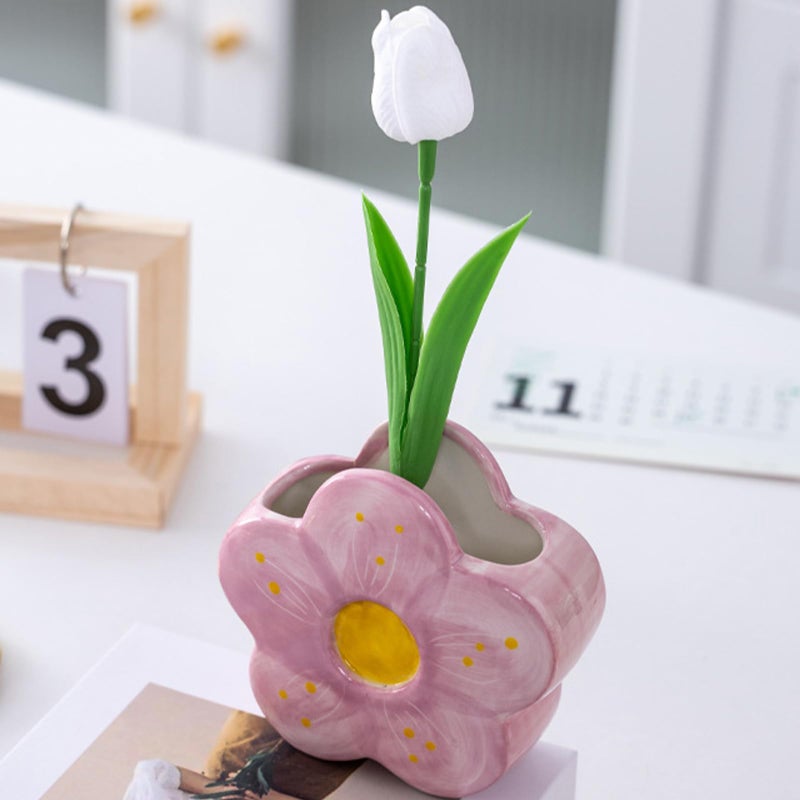 Busnos Pink Pencil Holder Pen Holder Office Desk Accessories Aesthetic Cute Flower Home Decor Makeup Brush Holder Vase Birthday Gifts for Women Vanity Toothbrush Holder Kawaii Kitchen Utensil Holder - Image 4
