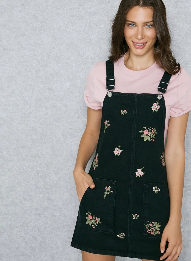 TOPSHOP Floral Embroidered denim Pinafore Dress for Women | Best Price KSA