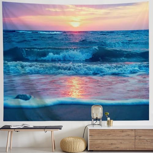IcosaMro Ocean Tapestry Wall Hanging, Sea Beach Wave Sun Cloud Landscape Scenery Nature Wall Art [Double-Folded Hems] Bohemian Home Decor for Bedroom, Dorm, College, Living Room, 60x82.7, Blue - Image 2