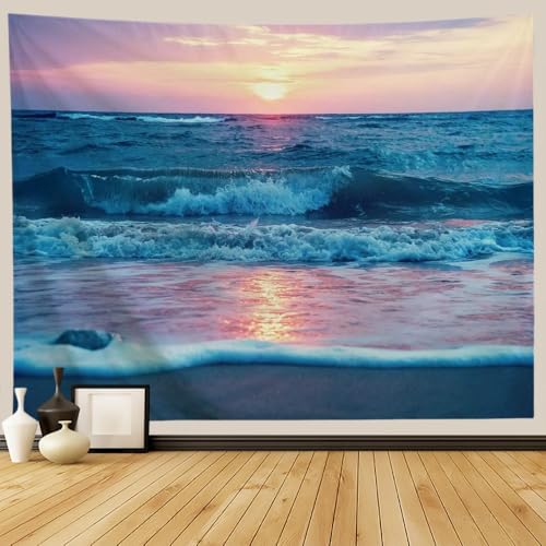 IcosaMro Ocean Tapestry Wall Hanging, Sea Beach Wave Sun Cloud Landscape Scenery Nature Wall Art [Double-Folded Hems] Bohemian Home Decor for Bedroom, Dorm, College, Living Room, 60x82.7, Blue - Image 1