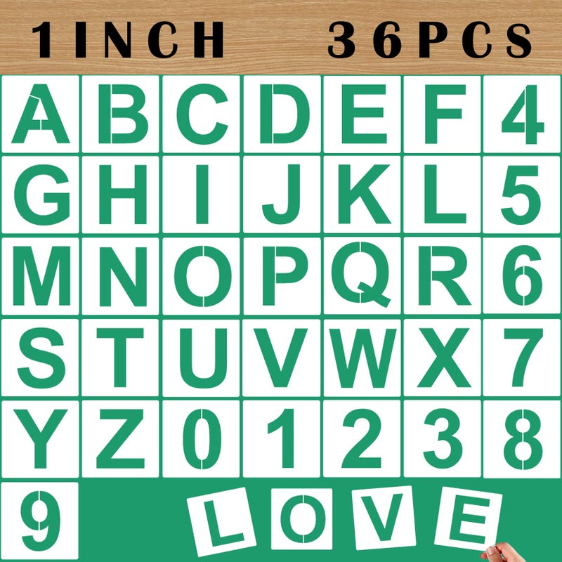 Mossdecal 36PCS Letter Stencils 1 inch Reusable Plastic Small Alphabet and Number Stencils for Painting on Wood Wall Fabric Tracing Rock Chalkboard Signage