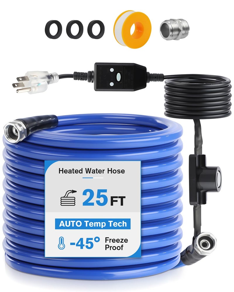 GEARBONE Heated Water Hose for RV, 25FT x 5/8", -45Â°F Freeze Protection Drinking Water Hose with All-Copper Heating Wire & Thermostat, 25mm Anti-Burst Design, US Standard Size for RV, Camper, Home & Garden - Image 1