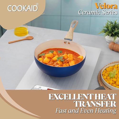 COOKAID Velora Series Non Stick Ceramic Work 24 cm | Aluminium Body| Ceramic Non Stick Coating| ISI Certified |3 LTR. Capacity | RV Blue - Image 3